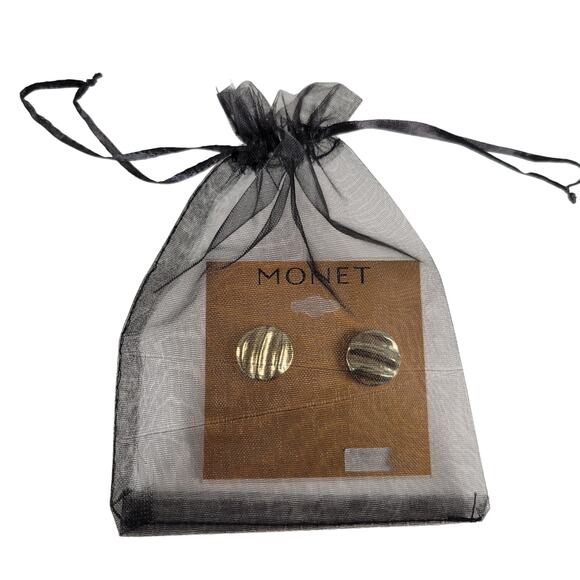 Monet Gold Tone Textured Round Pierced Earrings Vintage Style Jewelry, Gift Bag - Picture 10 of 10